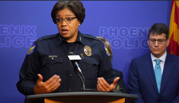 Phoenix police Chief Jeri Williams addresses the media about a launch of a new multiagency program, &quot;Operation Gun Crime Crackdown,&quot; aimed at reducing violent gun crimes.