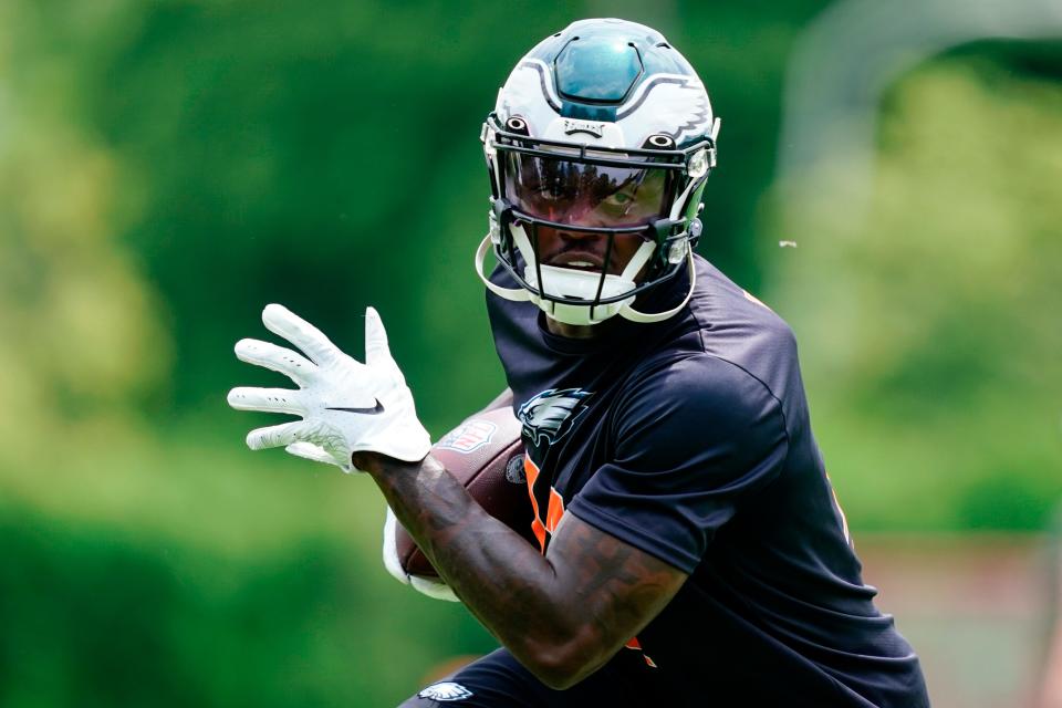 Philadelphia Eagles' A.J. Brown takes part in drills at the NFL football team's practice facility in Philadelphia, Friday, June 3, 2022. (AP Photo/Matt Rourke)