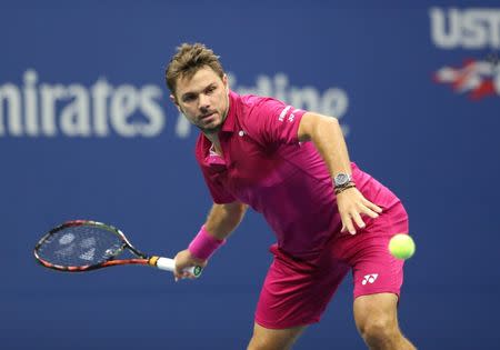 Sep 7, 2016; New York, NY, USA; Stan Wawrinka of Switzerland hits a shot to Juan Martin Del Potro of Argentina on day ten of the 2016 U.S. Open tennis tournament at USTA Billie Jean King National Tennis Center. Mandatory Credit: Jerry Lai-USA TODAY Sports