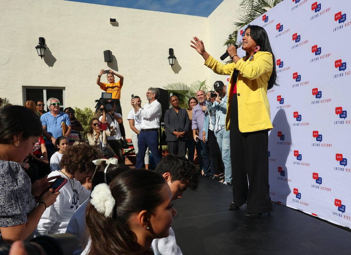 Karla Hernandez-Mats, Democratic candidate for lieutenant governor and running mate of Charlie Crust, speaks during a Latino Victory Fund’s Get Out The Vote Rally, accompanied by local politicians and award-winning artist Lin-Manuel Miranda on Thursday, Oct. 20, 2022, at Books & Books in Coral Gables.