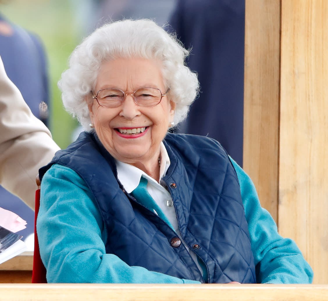 WINDSOR, UNITED KINGDOM - JULY 03: (EMBARGOED FOR PUBLICATION IN UK NEWSPAPERS UNTIL 24 HOURS AFTER CREATE DATE AND TIME) Queen Elizabeth II watches her horse 'First Receiver' compete in and win the Retired Racehorses - RoR Open In Hand Show Series Qualifier Class on day 3 of the Royal Windsor Horse Show in Home Park, Windsor Castle on July 3, 2021 in Windsor, England. (Photo by Max Mumby/Indigo/Getty Images)