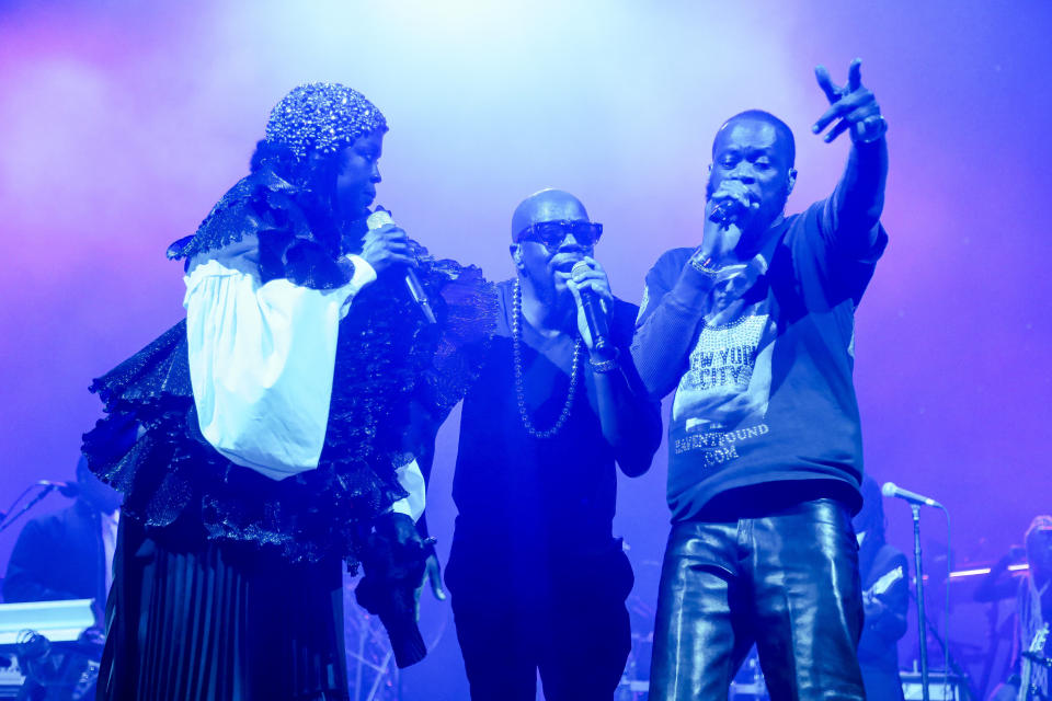 Lauryn Hill, from left, Wyclef Jean and Peas perform during "The Miseducation of Lauryn Hill" 25th anniversary tour on Tuesday, Oct. 17, 2023, at the Prudential Center in Newark, N.J. (Photo by Andy Kropa/Invision/AP)