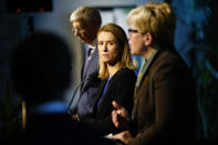 Estonian Prime Minister Kaja Kallas, centre, attends a joint news conference with Latvian Prime Minister Krisjanis Karins, left, and Lithuanian Prime Minister Ingrida Simonyte during their meeting in Tallinn, Estonia, Friday, Feb. 3, 2023. The prime ministers of the three Baltic countries meet in Tallinn to discuss, among other things, joint aid efforts for Ukraine. (AP Photo/Pavel Golovkin)