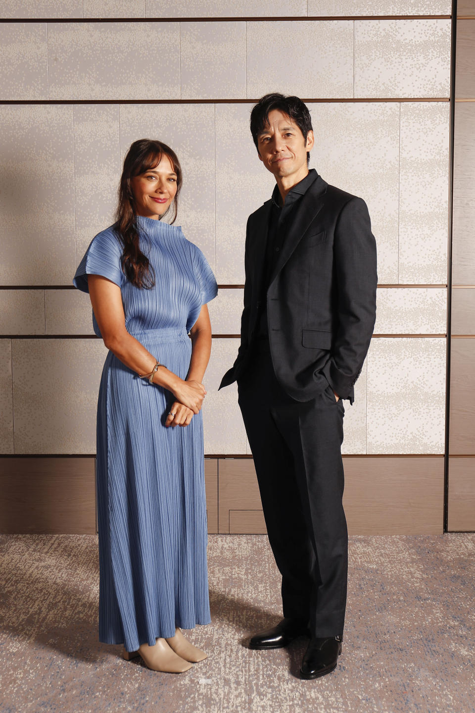 Rashida Jones, left, and Hidetoshi Nishijima pose for a photo in Tokyo on Tuesday, June 25, 2024, during a media event for the Apple TV+ series "Sunny." (Photo/Rodrigo Reyes Marin)