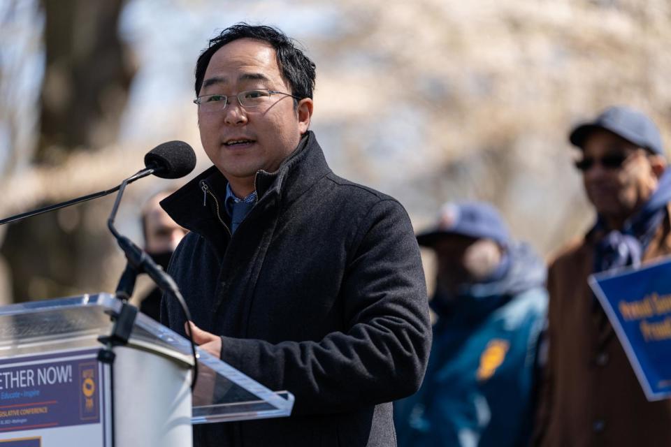 PHOTO: Representative Andy Kim, D-N.J., speaks during an American Federation of Government Employees rally for worker's rights on Capitol Hill, March 29, 2022, Washington.  (Eric Lee/Bloomberg via Getty Images)