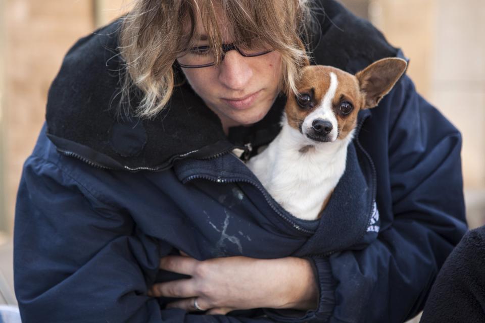 Front Street Animal Shelter animal care technician Jennifer Channell holds one of 50 dogs being prepared for a flight to a no-kill shelter in Idaho, in Sacramento, California December 9, 2013. Picture taken December 9, 2013. REUTERS/Max Whittaker (UNITED STATES - Tags: ANIMALS SOCIETY)