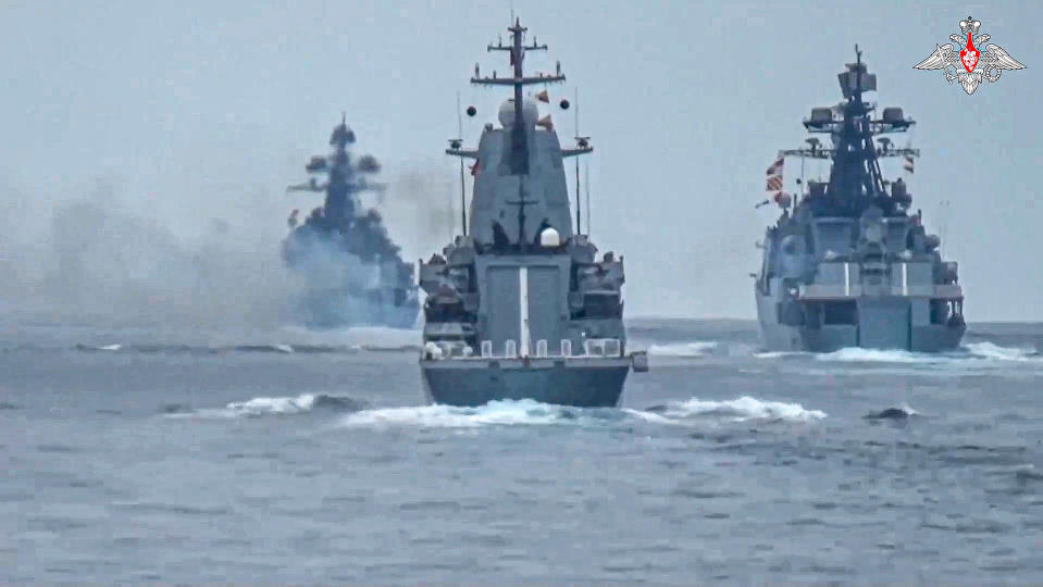 In this photo released by Russian Defense Ministry Press Service on Thursday, Jan. 1, 1970, warships of the Russian Black Sea Fleet sail while taking part in naval drills in the Black Sea. The Russian Defense Ministry said the navy conducted drills that simulated action to seal a section of the Black Sea. The maneuvers come after Moscow declared large areas of the Black Sea dangerous for navigation following its withdrawal from a deal allowing exports of the Ukrainian grain. (Russian Defense Ministry Press Service via AP)