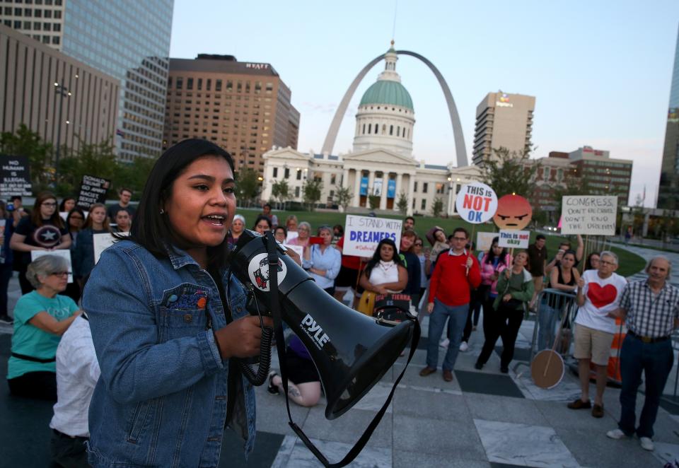<p>Vivian Garcia Cruz, 18, a self-described DACA student speaks at a rally in St. Louis’ Kiener Plaza on Tuesday, Sept. 5, 2017, as supporters of the Deferred Action for Childhood Arrivals gather to voice their opposition to President Trump’s decision to end the federal program from the Obama administration. (Photo: Christian Gooden/St. Louis Post-Dispatch via AP) </p>