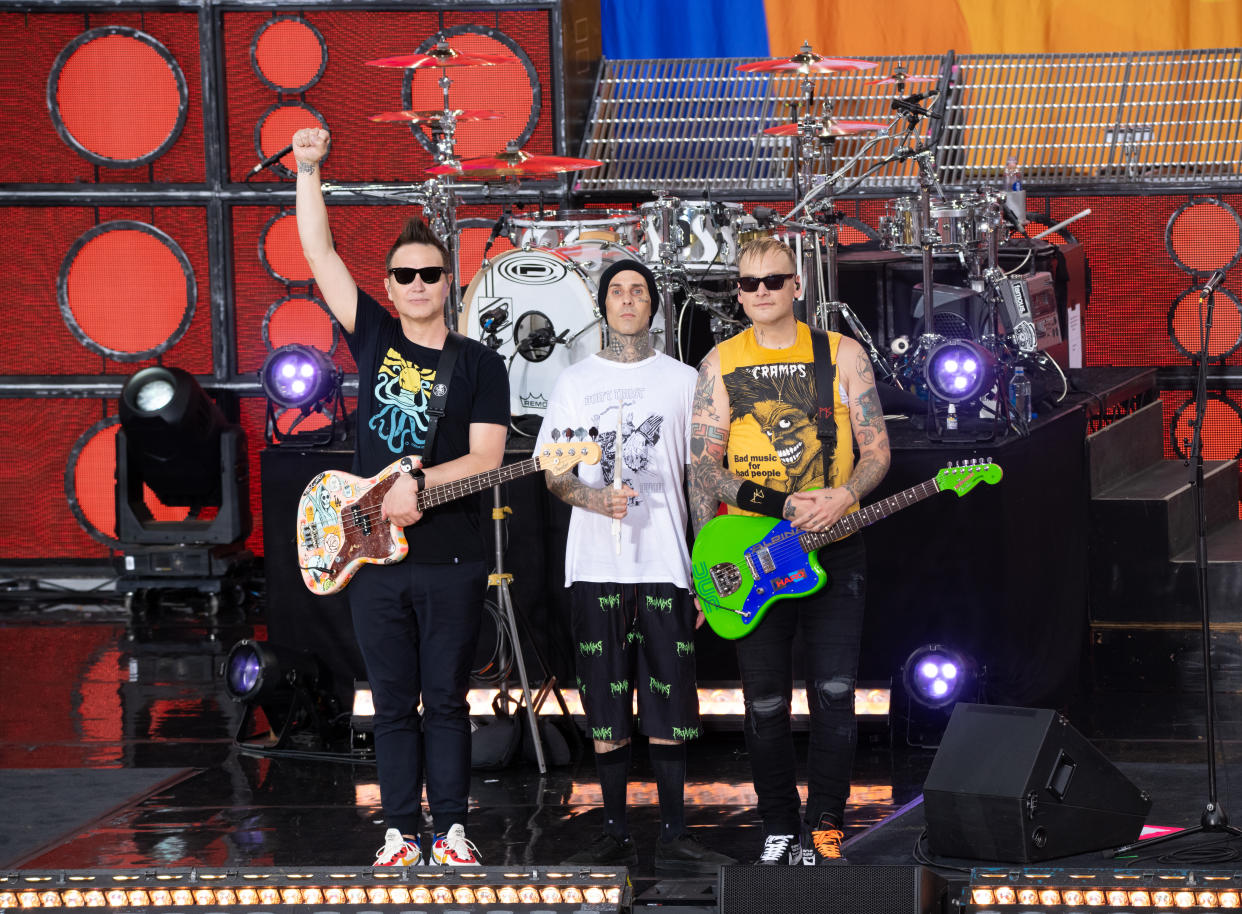 NEW YORK, NEW YORK - JULY 19: (L-R) Mark Hoppus, Travis Barker and Matt Skiba of Blink-182 attend ABC's "Good Morning America" at Rumsey Playfield, Central Park on July 19, 2019 in New York City. (Photo by Noam Galai/Getty Images)