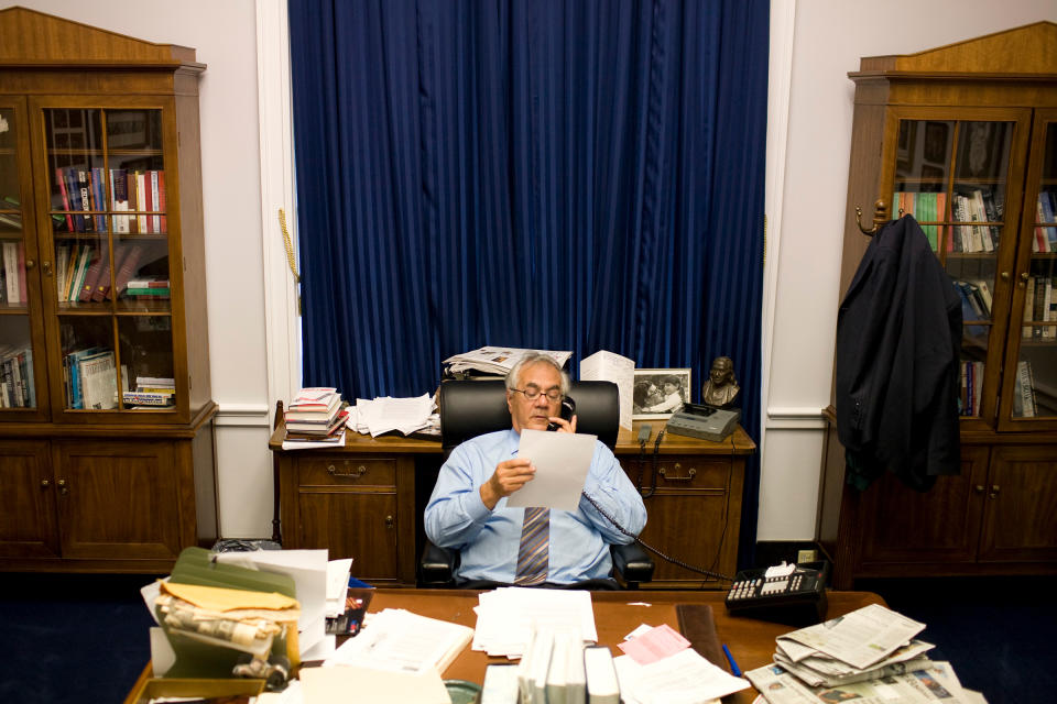 Frank, then chairman of the House Committee on Financial Services, talks on the phone while at work in his office on Capitol Hill in Washington, Sept. 19, 2008.<span class="copyright">Brendan Hoffman—The New York Times/Redux</span>