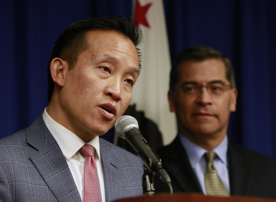 FILE - In this Feb. 13, 2018, file photo, Assemblyman David Chiu, D-San Francisco, left, speaks at a news conference in Sacramento, Calif. Chiu called on Gov. Gavin Newsom to appoint a member of the Asian and Pacific Islander community as California's next attorney general during a news conference on Wednesday, March 17, 2021. (AP Photo/Rich Pedroncelli, File)