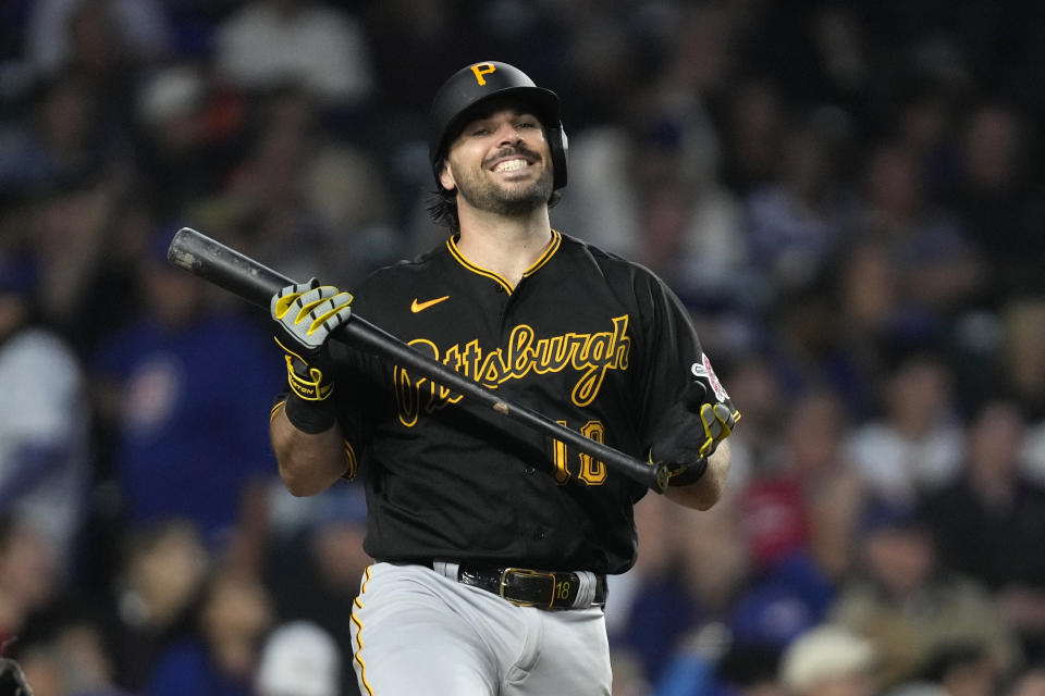 Pittsburgh Pirates' Austin Hedges reacts after lining out to Chicago Cubs shortstop Dansby Swanson to end the top of the sixth inning of a baseball game Wednesday, June 14, 2023, in Chicago. (AP Photo/Charles Rex Arbogast)