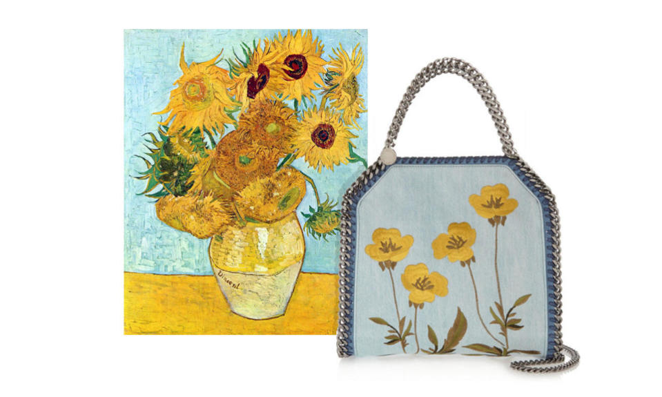 Stella McCartney’s denim and chain-link tote features the most adorable yellow flowers, which give us the same warm, fuzzy feeling as Vincent Van Gogh’s sun-drenched sunflowers. 