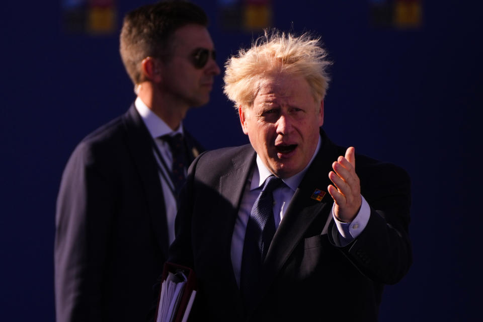 British Prime Minister Boris Johnson arrives for the NATO summit in Madrid, Spain, on Thursday, June 30, 2022. North Atlantic Treaty Organization heads of state will meet for a NATO summit in Madrid from Tuesday through Thursday. (AP Photo/Manu Fernandez)