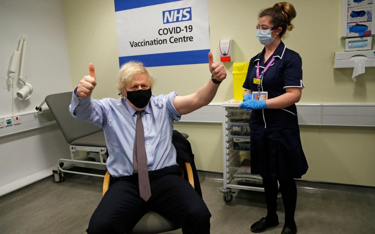 Boris Johnson receives the first dose of the AstraZeneca vaccine  - Frank Augstein/AP POOL