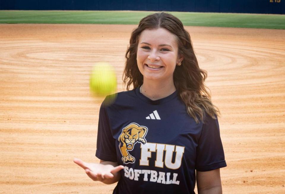 Isabella Perez, sophomore softball player from Key West, poses for a photo on Wednesday, Aug. 30, 2023, at Florida International University. Alie Skowronski/askowronski@miamiherald.com