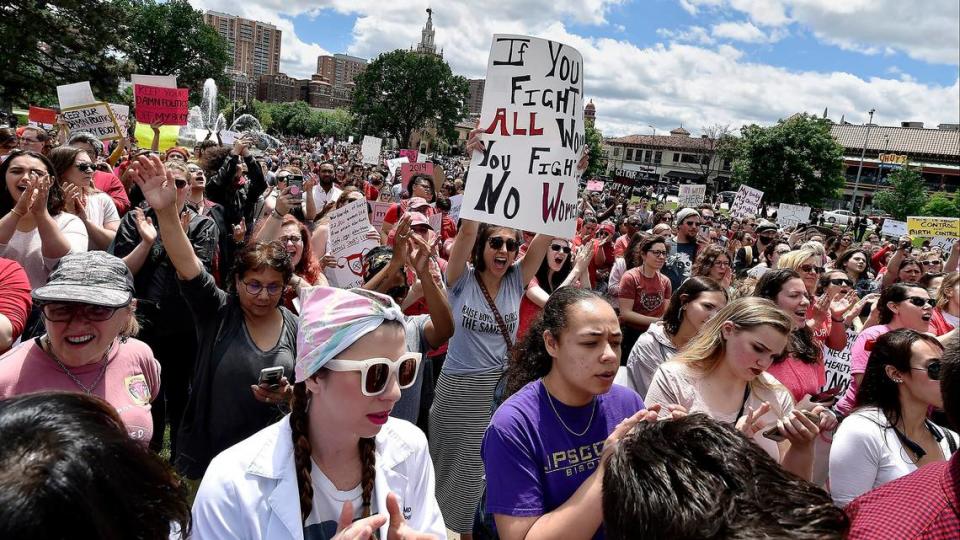 Several hundred protesters marched through the Country Club Plaza in 2019 in response to the passage of Missouri legislation that in 2022 would allow the state to become the first in the country to enact a near-total ban on abortion. Jill Toyoshiba/jtoyoshiba@kcstar.com