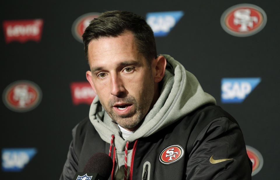 FILE- In this Sunday, Dec. 2, 2018, file photo, San Francisco 49ers head coach Kyle Shanahan talks to reporters following an NFL football game against the Seattle Seahawks in Seattle. The Seahawks won 43-16. Shanahan has started his first two seasons with the team with a 2-10 record. (AP Photo/John Froschauer, File)