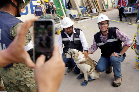 People pose for a picture with rescue dog Frida after an earthquake hit Mexico City, Mexico September 22, 2017. REUTERS/Daniel Becerril