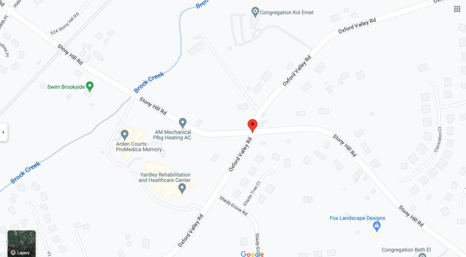 Map rendition of the location of the closed intersection on Stony Hill Road in Lower Makefield Township.
The Pennsylvania department of transportation os closing this road through the summer to replace the Stony Hill Road culvert.