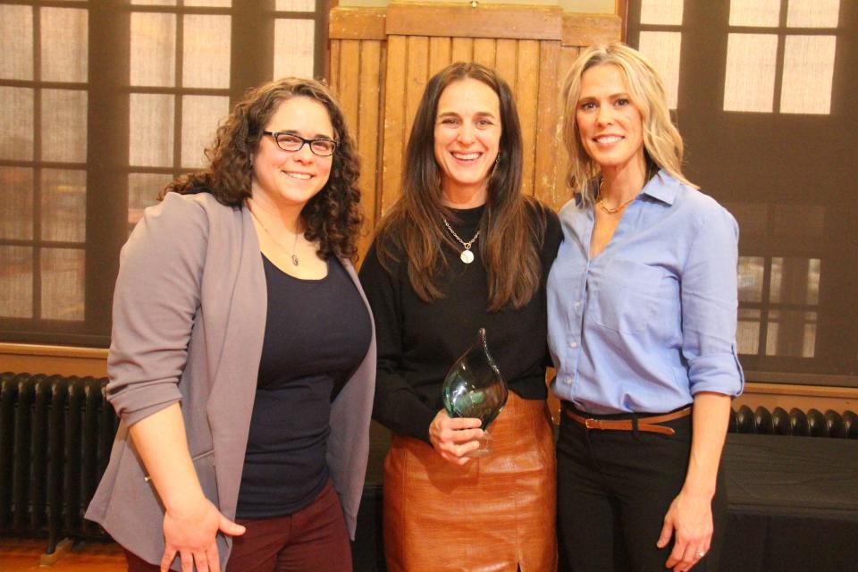 Eileen Splendore poses for a photo with Perry Chamber Executive Director Lynsi Pasutti and Cherie Welch, past board president, after receiving the Jack Finneseth Memorial Volunteer of the Year Award during the chamber's annual dinner on Tuesday, April 4, 2023, at La Poste.