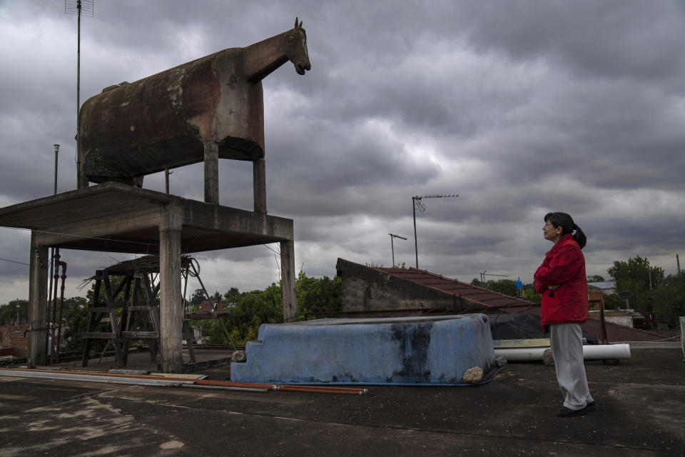 Liliana Gutiérrez looks at the horse-shaped water tank built by her father in the San Jorge neighborhood of Florencio Varela, Argentina, Monday, Oct. 26, 2022. Nostalgia led Gervasio Gutiérrez, a peasant turned bricklayer from the distant province of Jujuy, to build the tank on the terrace of his daughter's house. Before the existence of GPS trackers, the horse-shaped water tank that many confused with a cow, was often used as a reference point for travelers. (AP Photo/Rodrigo Abd)