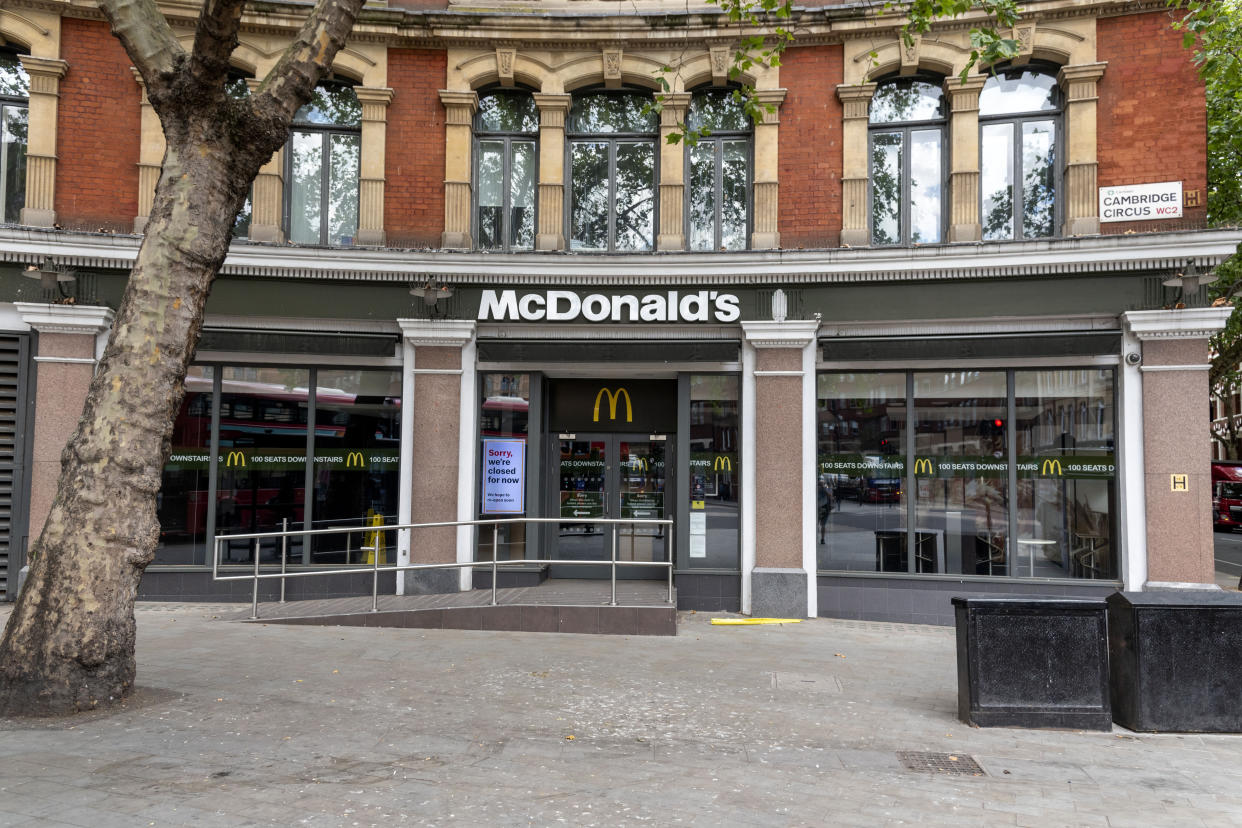 LONDON, UNITED KINGDOM - 2020/07/21: American fast food company, McDonald's restaurant seen at Charing Cross Road Street in London. McDonald's to open 700 restaurants for dine-in tomorrow with food served by table service only and all customers asked to leave their contact details. (Photo by Dave Rushen/SOPA Images/LightRocket via Getty Images)