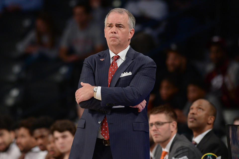 ATLANTA, GA  FEBRUARY 04:  Virginia Tech head coach Mike Young looks on from the sideline during the NCAA basketball game between the Virginia Tech Hokies and the Georgia Tech Yellow Jackets on February 4th, 2020 at Hank McCamish Pavilion in Atlanta, GA.  (Photo by Rich von Biberstein/Icon Sportswire via Getty Images)