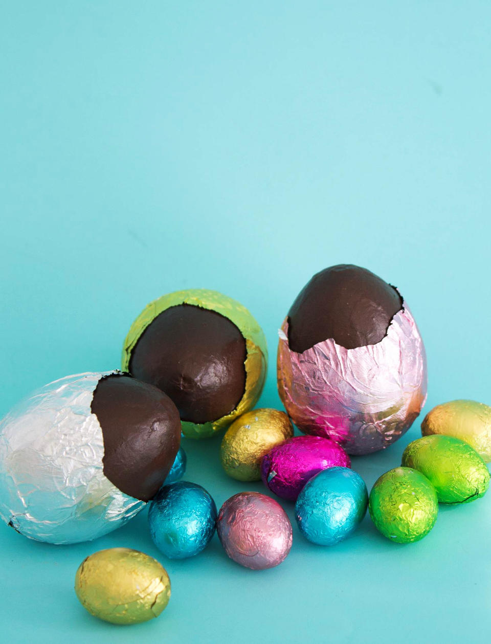 This image taken on March 9, 2013 shows faux chocolate eggs made by painting papier-mâché forms and wrapping them in colored foil in Concord, N.H. (AP Photo/Holly Ramer)