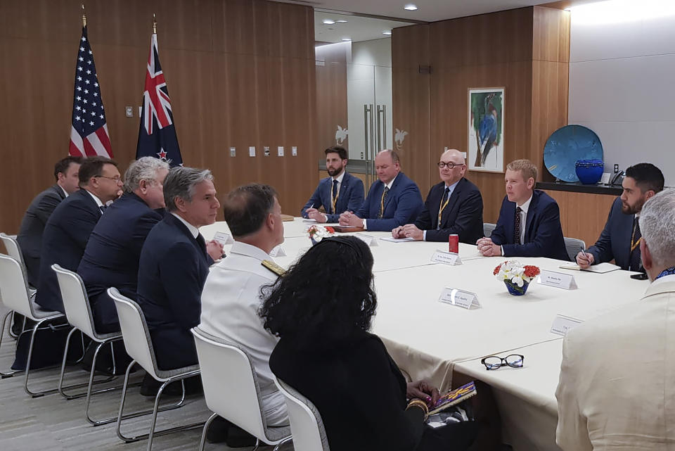 In this image released by New Zealand Prime Minister's Office, New Zealand Prime Minister Chris Hipkins, second right, meets with U.S. Secretary of State Antony Blinken, fourth left, in Port Moresby, Papua New Guinea, Monday, May 22, 2023. The United States is scheduled to sign a new security pact with Papua New Guinea on Monday as the U.S. continues to jostle with China for influence in the Pacific. (New Zealand Prime Minister's Office via AP)