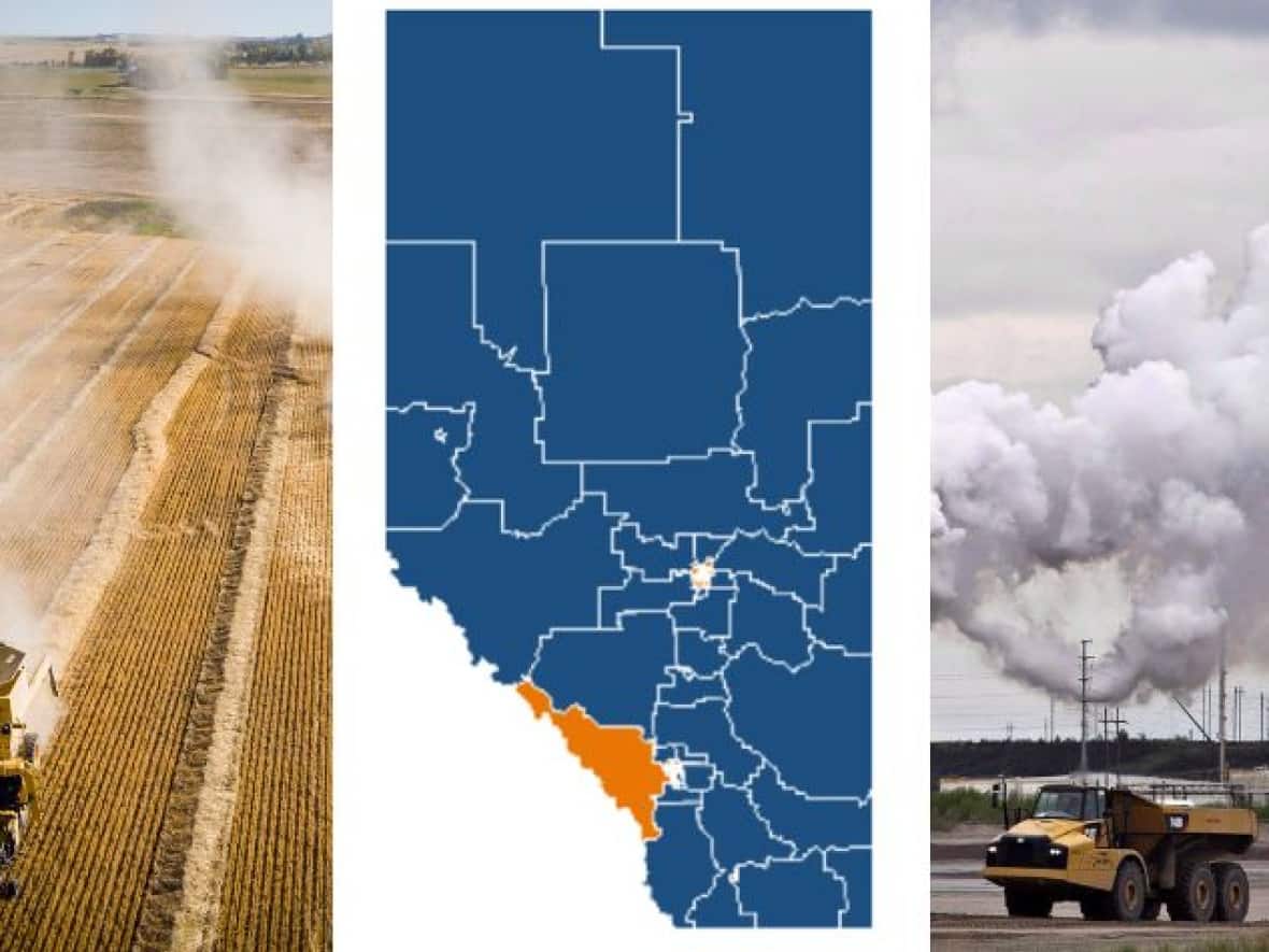 Centre, a map shows that outside of Edmonton and Calgary, UCP blue dominates in all but four ridings. (Left and right, Jeff McIntosh/The Canadian Press; centre, CBC - image credit)