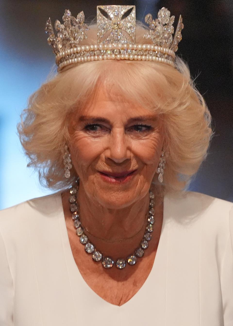 LONDON, ENGLAND - JULY 17: Queen Camilla leaves after King Charles III delivered the King's Speech at the State Opening of Parliament in the House of Lords, at the Palace of Westminster on July 17, 2024 in London, England. King Charles III delivers the King's Speech setting out the new Labour government's policies and proposed legislation for the coming parliamentary session. (Photo by Jonathan Brady - WPA Pool/Getty Images)