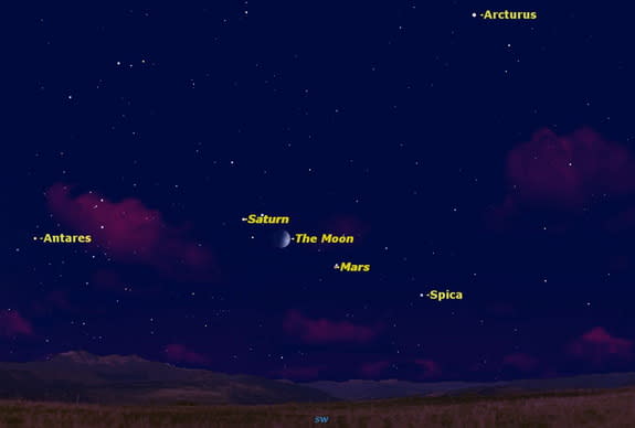 This night sky map for Aug. 3, 2014 shows the position of the moon between the planets Mars and Saturn in the southwestern night sky. The moon will occult Saturn on Monday, Aug. 4, as seen from Australia.