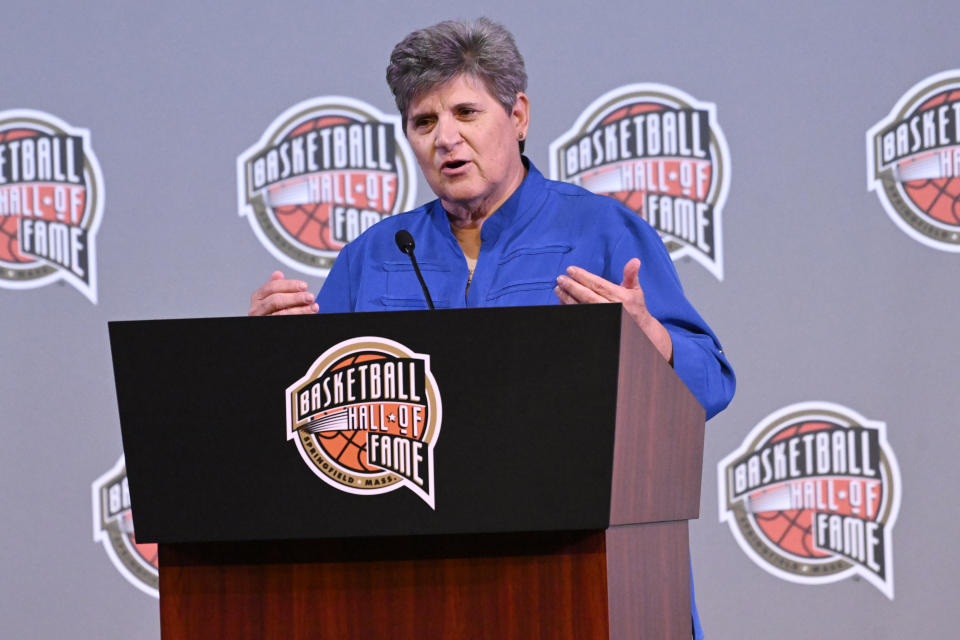 Basketball Hall of Fame Class of 2023 inductee representing the 1976 U.S. Women's Olympic Team Juliene Brazinski Simpson speaks at a news conference at Mohegan Sun, Friday, Aug. 11, 2023, in Uncasville, Conn. (AP Photo/Jessica Hill)