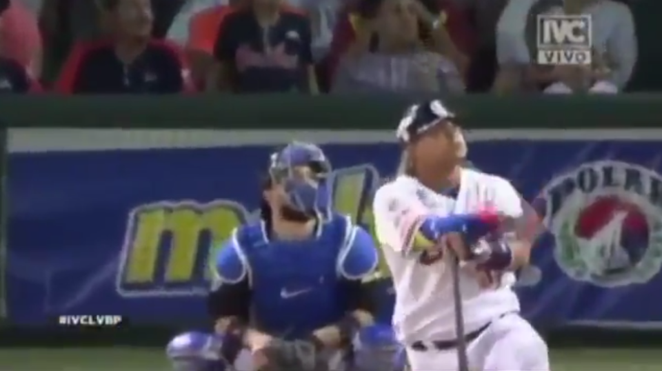 Willians Astudillo admires his game-winning home run in the playoffs of the Venezuelan Winter League. (Twitter/@mlb_agent)