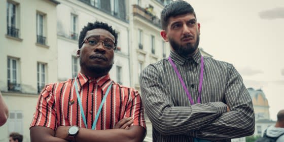 Art teacher Mr. Ajayi (Fisayo Akinade) and science teacher Mr. Farouk (Nima Taleghani) chaperone the school trip to Paris.<span class="copyright">Teddy Cavendish—Netflix</span>