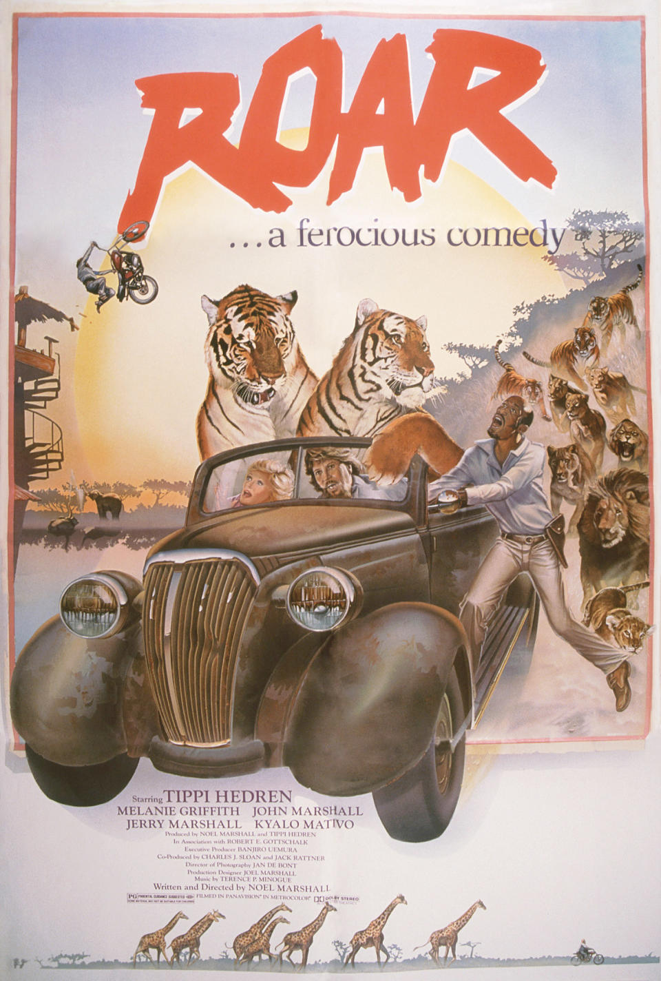 the movie poster with an illustrated family being attacked by lions and tigers