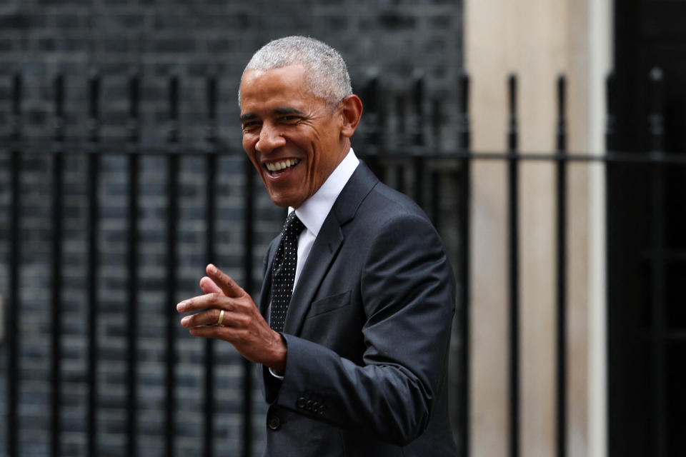 barack obama wearing a suit, dege & skinner brand, Former US President Barack Obama reacts as he leaves 10 Downing Street in central London, on March 18, 2024, following a meeting with Britain's Prime Minister Rishi Sunak. (Photo by Adrian DENNIS / AFP) (Photo by ADRIAN DENNIS/AFP via Getty Images)