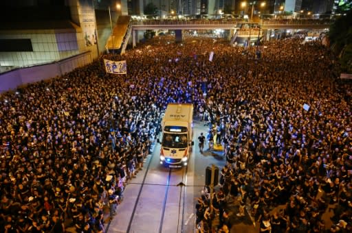 Crowds of protesters were still camped out in parts of Hong Kong as night fell