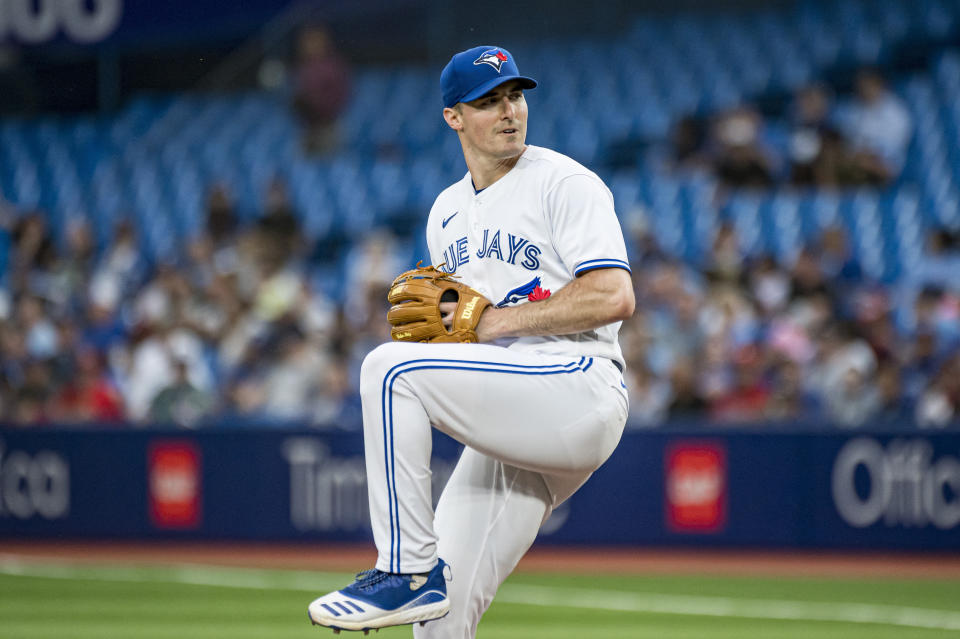 Toronto Blue Jays starting pitcher Ross Stripling (48) throws during the first inning of a baseball game against the Philadelphia Phillies, Wednesday, July 13, 2022 in Toronto. (Christopher Katsarov/The Canadian Press via AP)