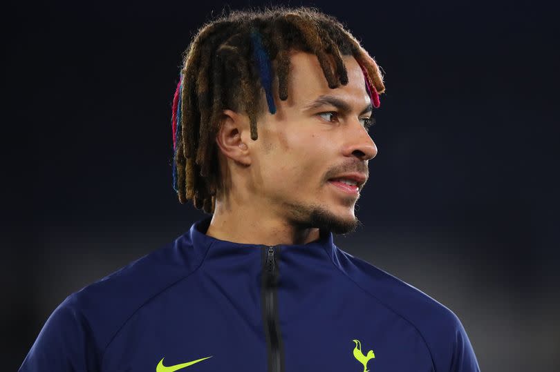 Dele Alli of Tottenham Hotspur during the Premier League match between Leicester City and Tottenham Hotspur at The King Power Stadium on January 19, 2022 in Leicester, England.