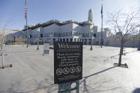 The Church of Jesus Christ of Latter-day Saints' Conference Center is shown during the 190th Annual General Conference Saturday, April 4, 2020, in Salt Lake City. The twice-annual conference kicked off Saturday without anyone attending in person and top leaders sitting some 6 feet apart inside an empty room viewed via live-stream as the faith takes precautions to avoid the spread of the coronavirus. It is the first conference without a crowd since World War II, when wartime travel restrictions were in place. (AP Photo/Rick Bowmer)