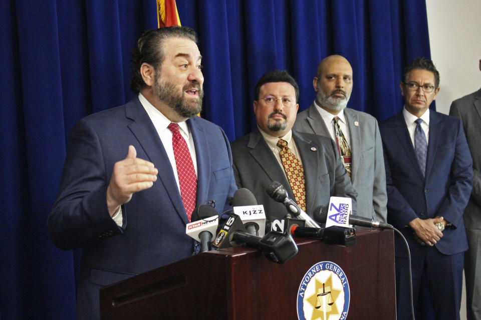 FILE - In this Jan. 7, 2020, file photo, Arizona Attorney General Mark Brnovich speaks at a news conference in Phoenix. An Arizona county that has resisted parts of a subpoena issued by the state Senate as it reviews how it handled the 2020 election must turn over everything the Senate wants or lose all its state funding, the state attorney general said Thursday, Aug. 26, 2021. Brnovich issued the decision after a Republican senator asked him if Maricopa County’s refusal to hand over routers, passwords and other items the Senate says it needs to complete the unprecedented partisan review violated state law .(AP Photo/Bob Christie, File)