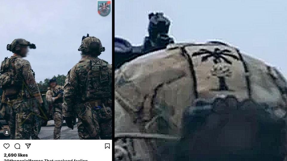 A photo posted to the Instagram page of the 20th Special Forces Group shows a service member, right, with a helmet patch that appears to depict a Nazi SS Totenkopf. (Screenshot via Twitter)