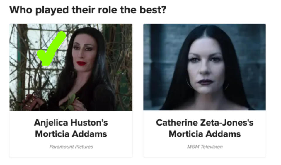 Side-by-side of Anjelica Huston and Catherine Zeta-Jones as Morticia