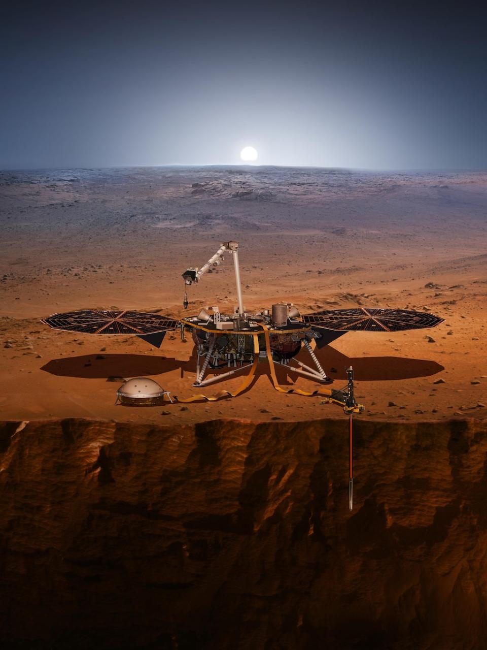 An artist's illustration of NASA's InSight Mars lander on the Red Planet. <cite>NASA/JPL-Caltech</cite>