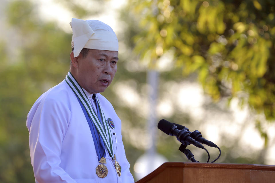 Myanmar's Deputy Chairman of State Administration Council, Vice Senior Gen. Soe Win speaks during a ceremony marking Myanmar's 76th anniversary of Independence Day in Naypyitaw, Myanmar, Thursday, Jan. 4, 2024. (AP Photo/Aung Shine Oo)