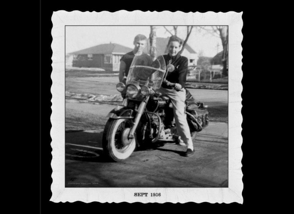 Bob and friend Dale Boutang with a Harley in Hibbing, MN (1956).