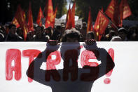 <p>Marchers protest government austerity measures, in Madrid, Nov. 23, 2013. (AP Photo/Andres Kudacki) </p>