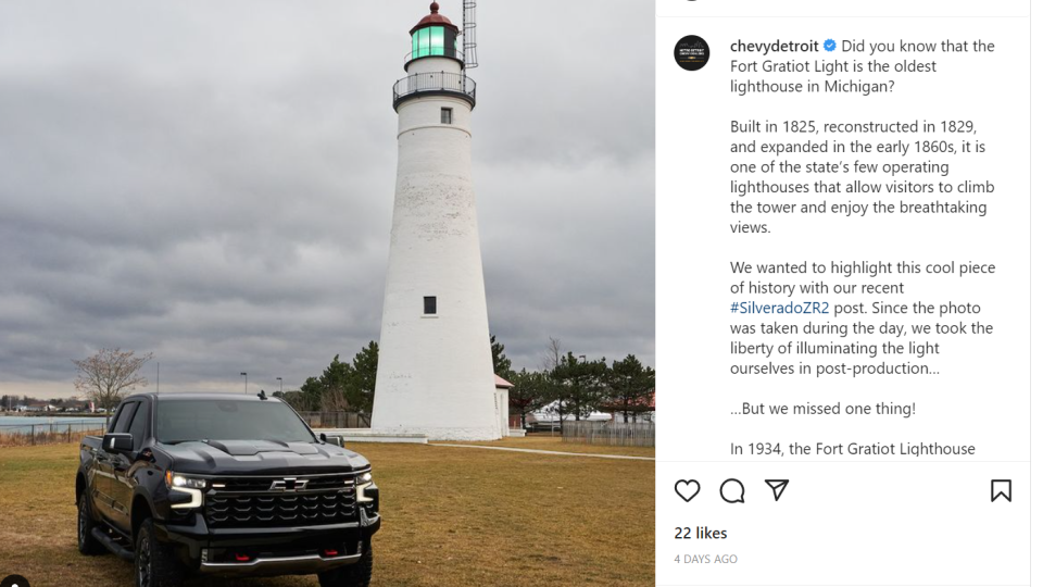 An image used in an Instagram post for the Silverado was corrected to show a green lighthouse light versus the yellow one that was originally used in the promotion.